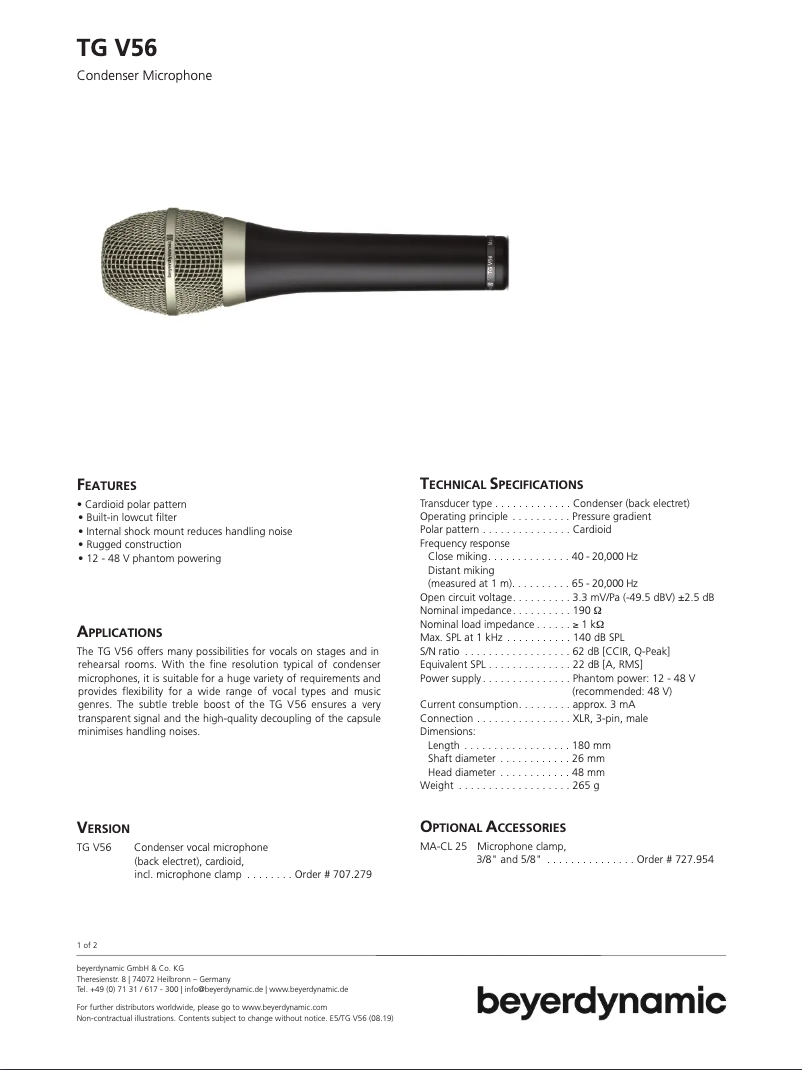 Page n°1 - Fiche technique Beyerdynamic TG V56