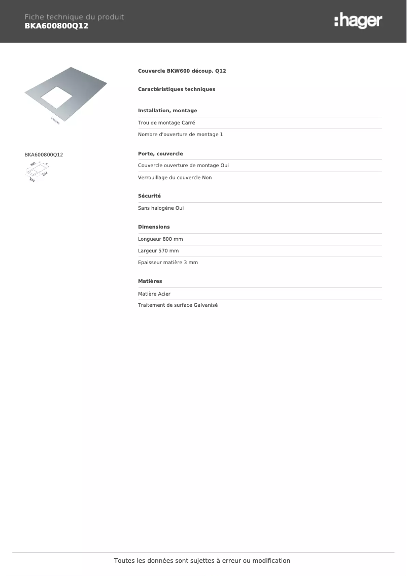 Page 1 de la notice Fiche technique Hager BKA600800Q12