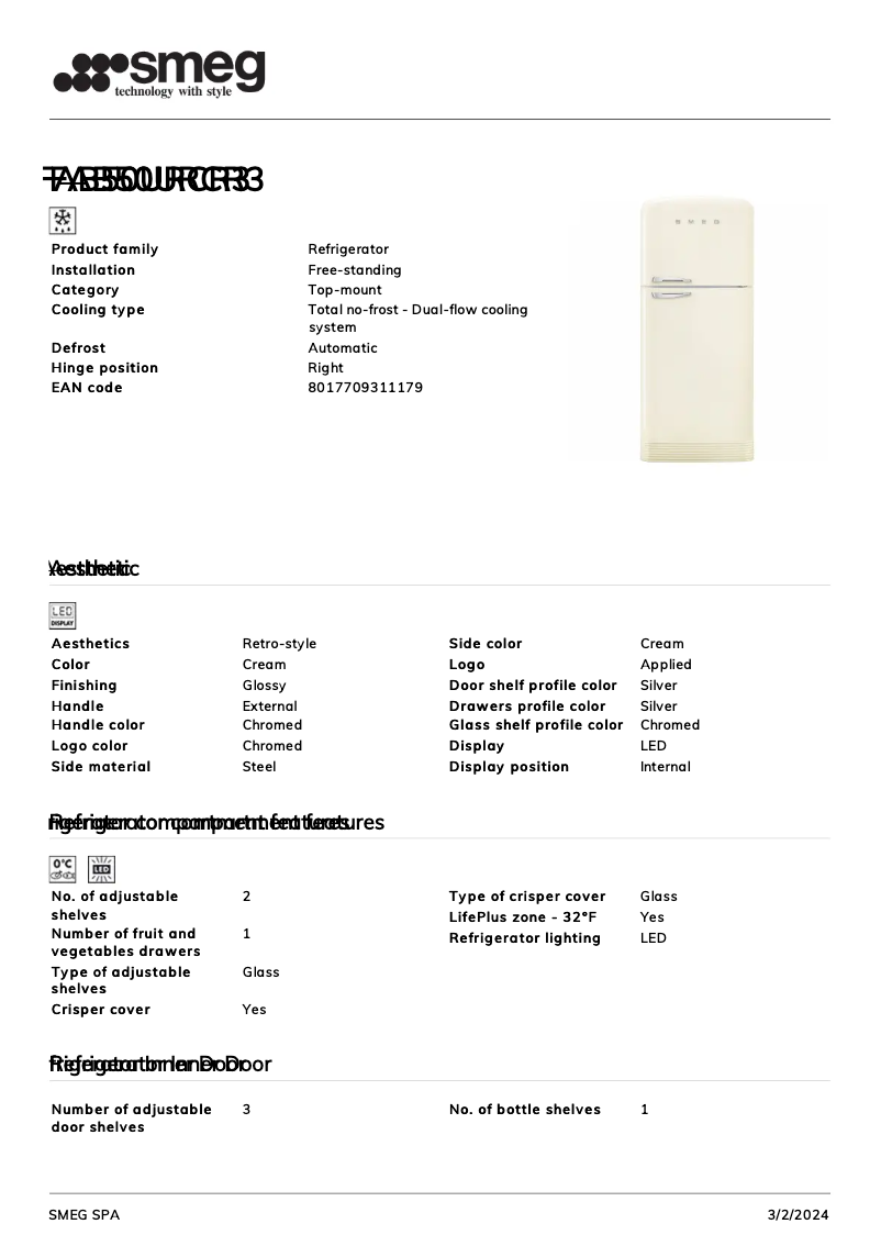 Page n°1 - Fiche technique Smeg FAB50URCR3