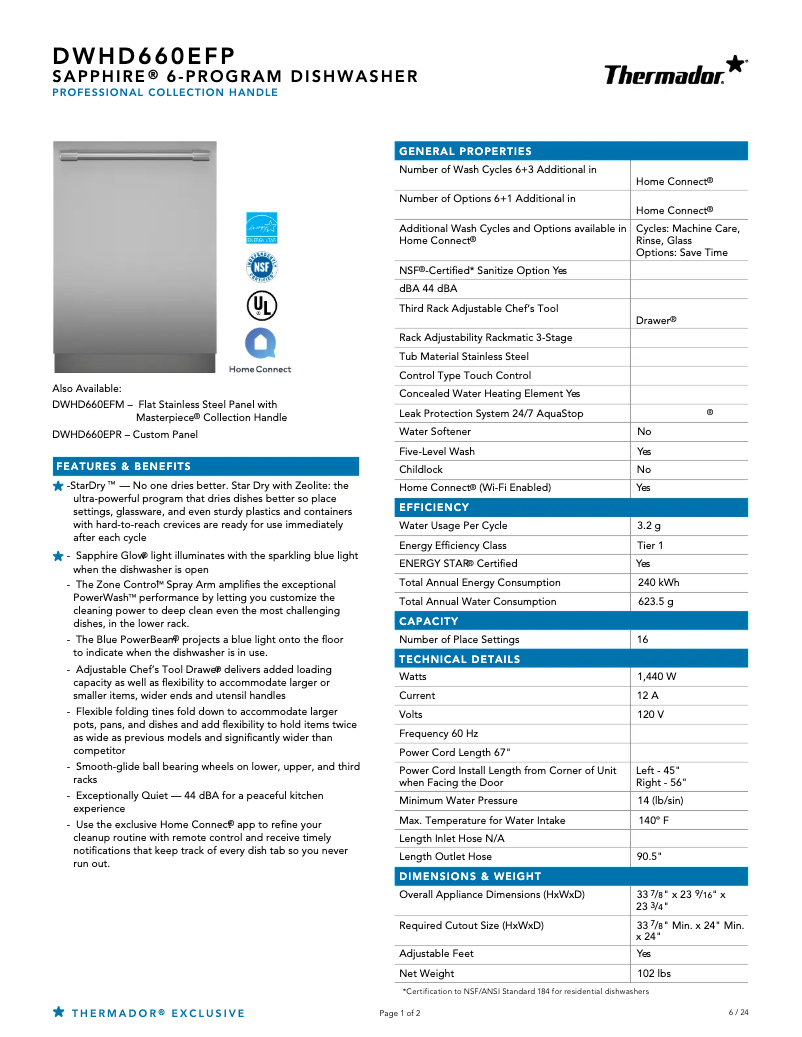 Page n°1 - Fiche technique Thermador DWHD660EFP