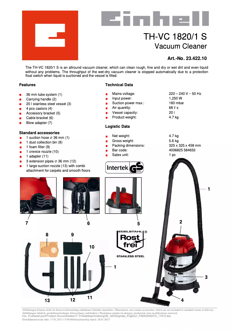 Página 1 del manual Ficha técnica Einhell TH-VC 1820-1 S