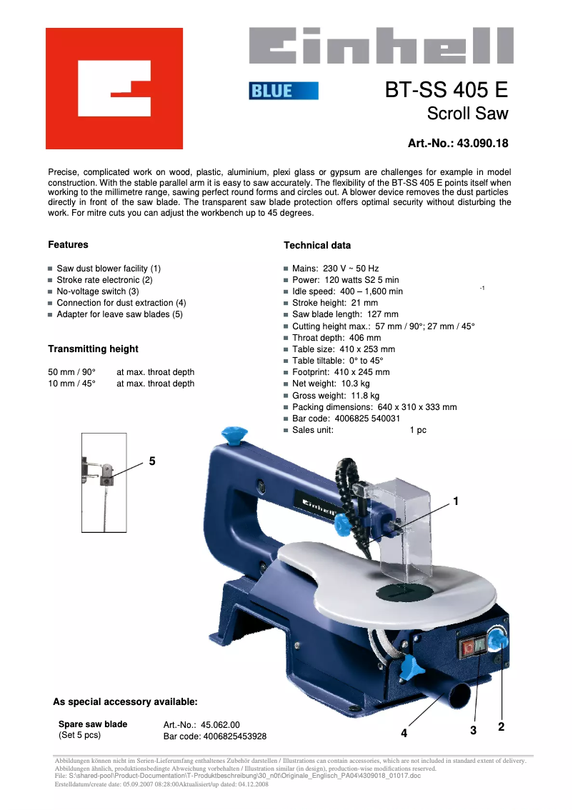 Page 1 de la notice Fiche technique Einhell BT-SS 405 E