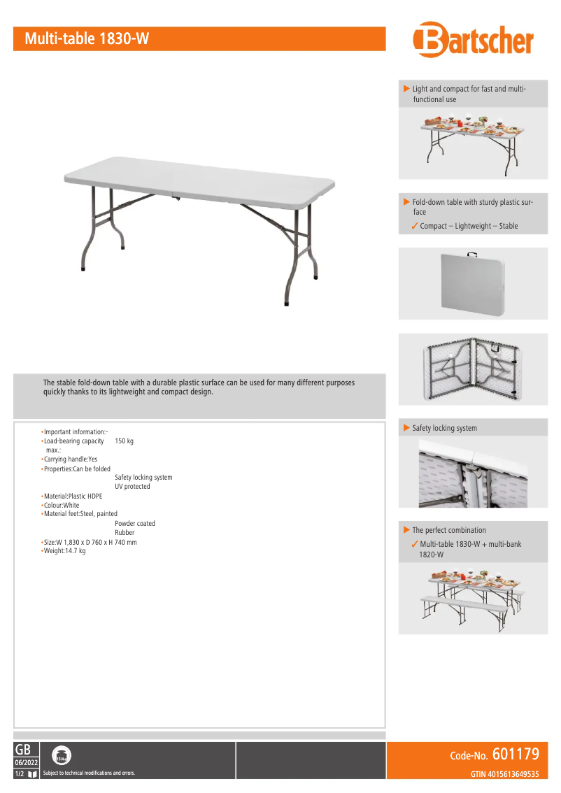 Page n°1 - Fiche technique Bartscher 1830-W
