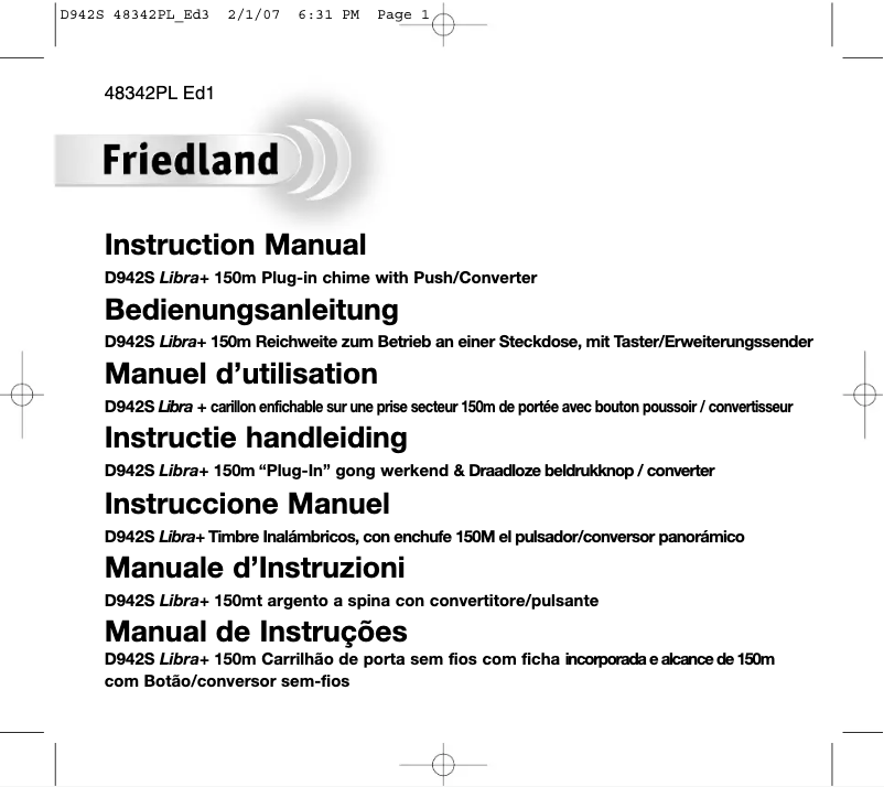 Page n°1 - Manuel utilisateur Friedland D942S Libra+