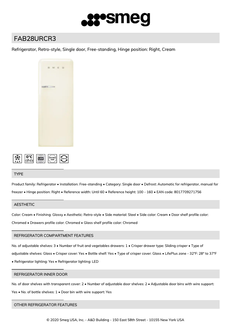 Página 1 del manual Ficha técnica Smeg FAB28URCR3