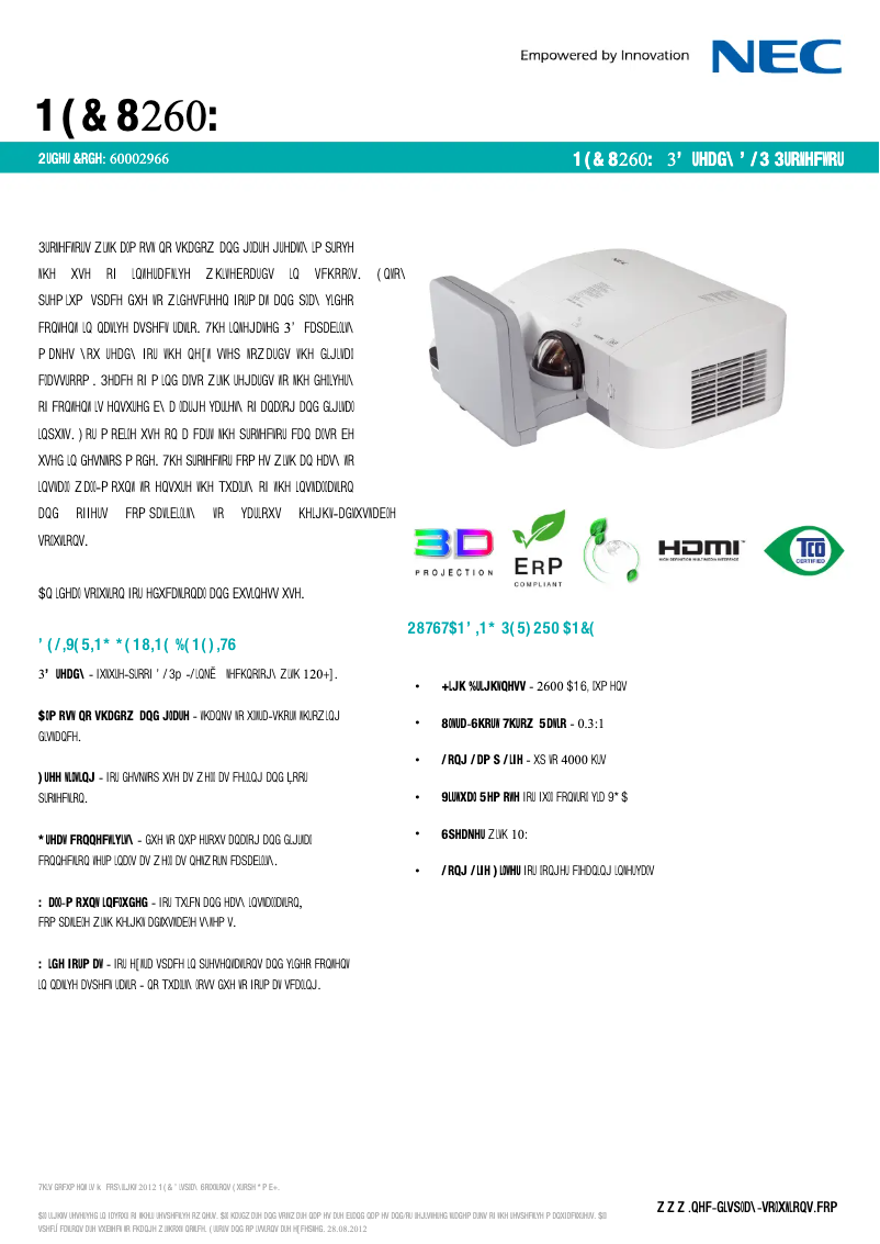 Page 1 de la notice Fiche technique NEC U260W