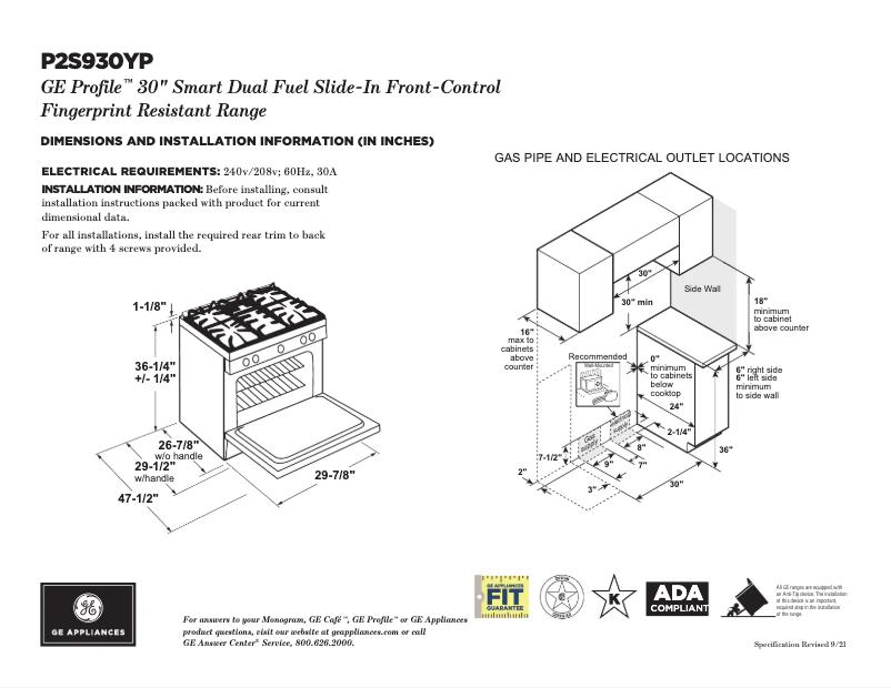 Page 1 de la notice Fiche technique GE Profile P2S930YPFS