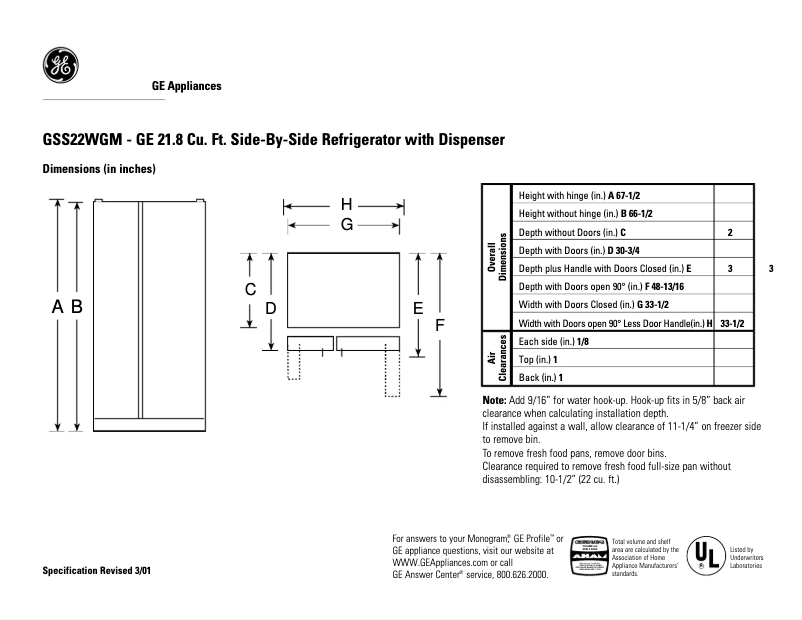 Page n°1 - Fiche technique GE GSS22WGMCC