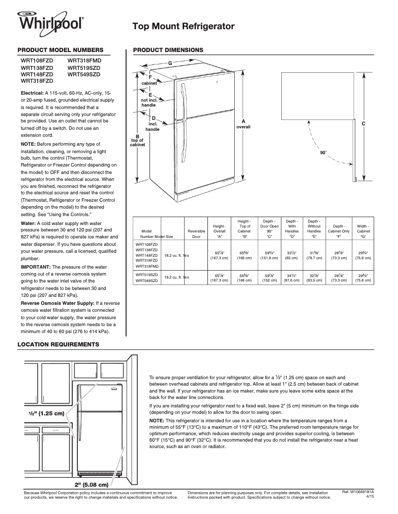 Page n°1 - Fiche technique Whirlpool WRT318FMD
