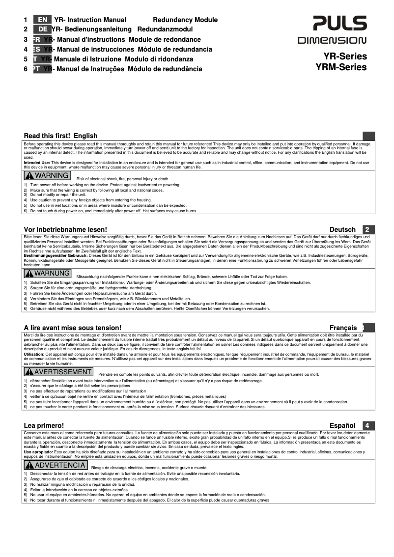 Page n°1 - Manuel utilisateur Puls Dimension YR40.242