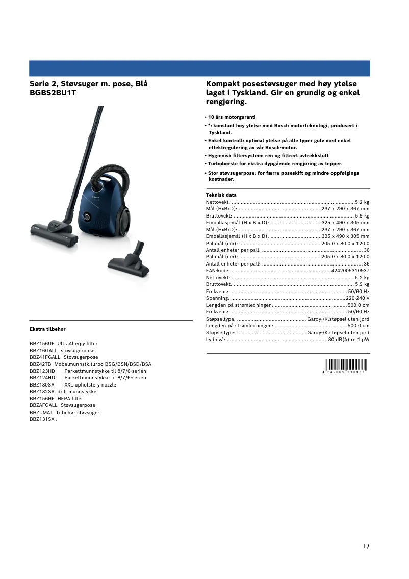 Image de la première page du manuel de l'appareil BGBS2BU1T