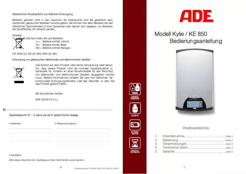 Page 1 de la notice Manuel utilisateur ADE Kylie KE 850