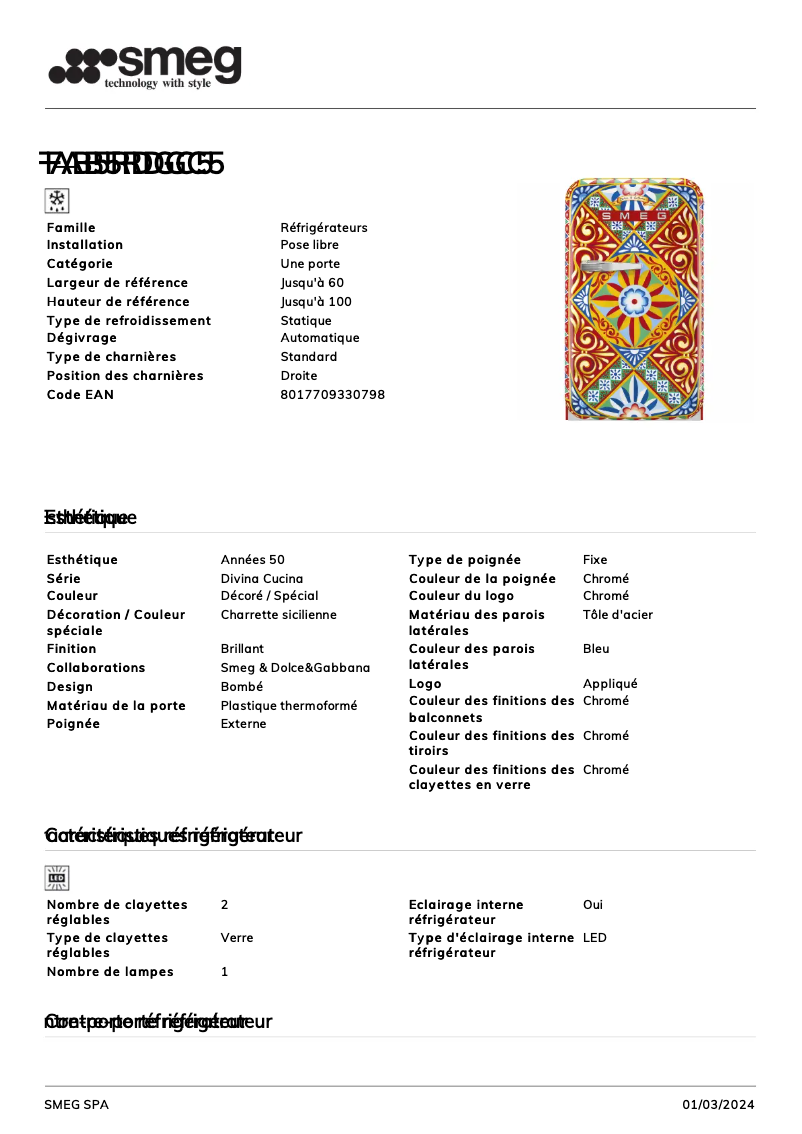 Page n°1 - Fiche technique Smeg FAB5RDCG