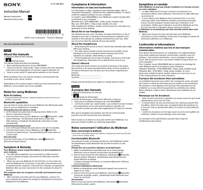 Page 1 de la notice Manuel utilisateur Sony Walkman NW-A27HN