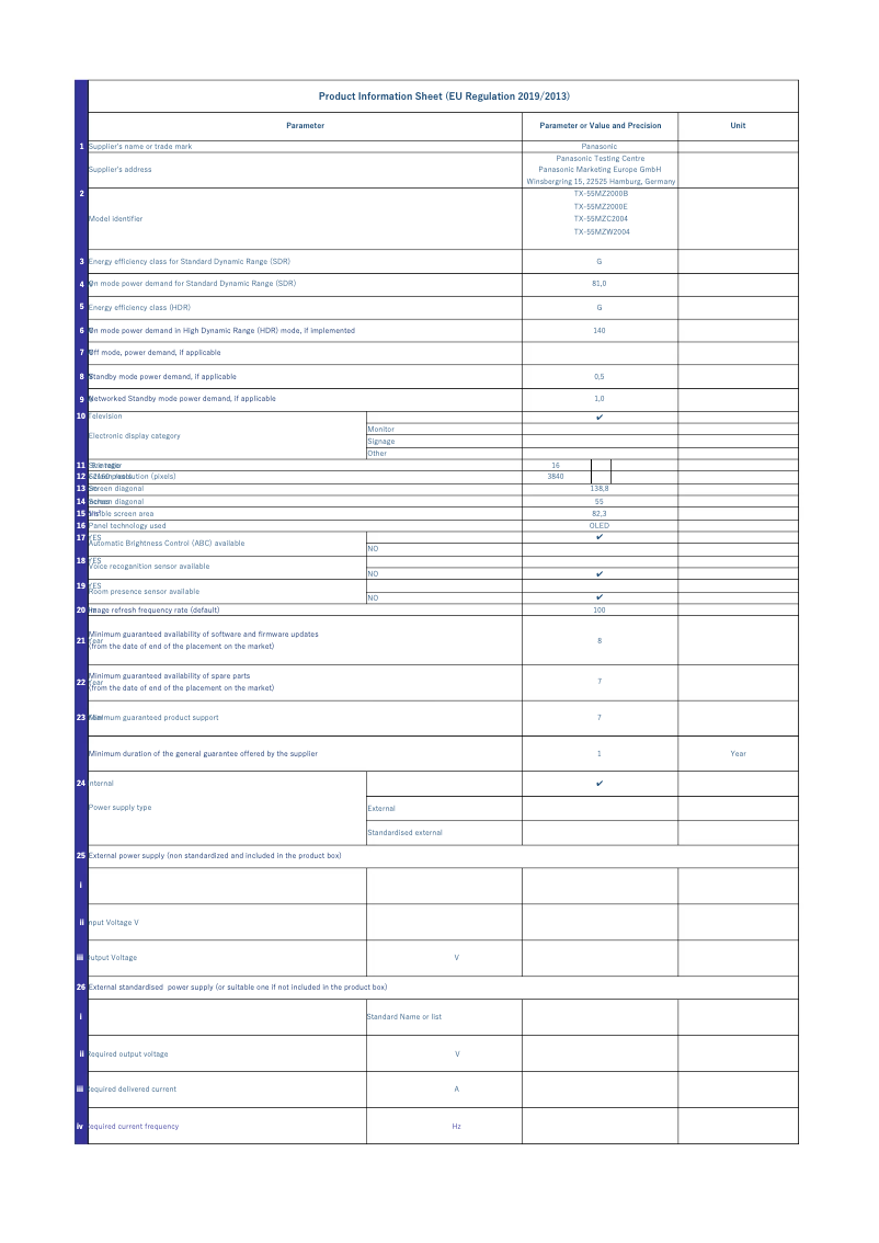 Page 1 de la notice Fiche technique Panasonic TX-55MZ2000E