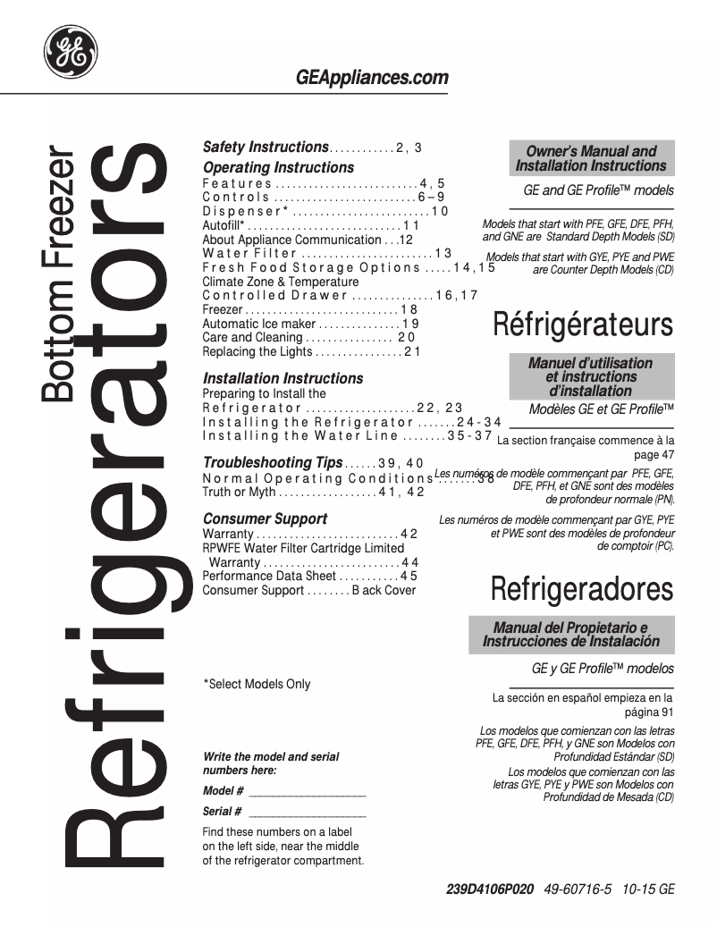 Page 1 de la notice Manuel d'utilisation et d'entretien Adora DFE28JGHWW