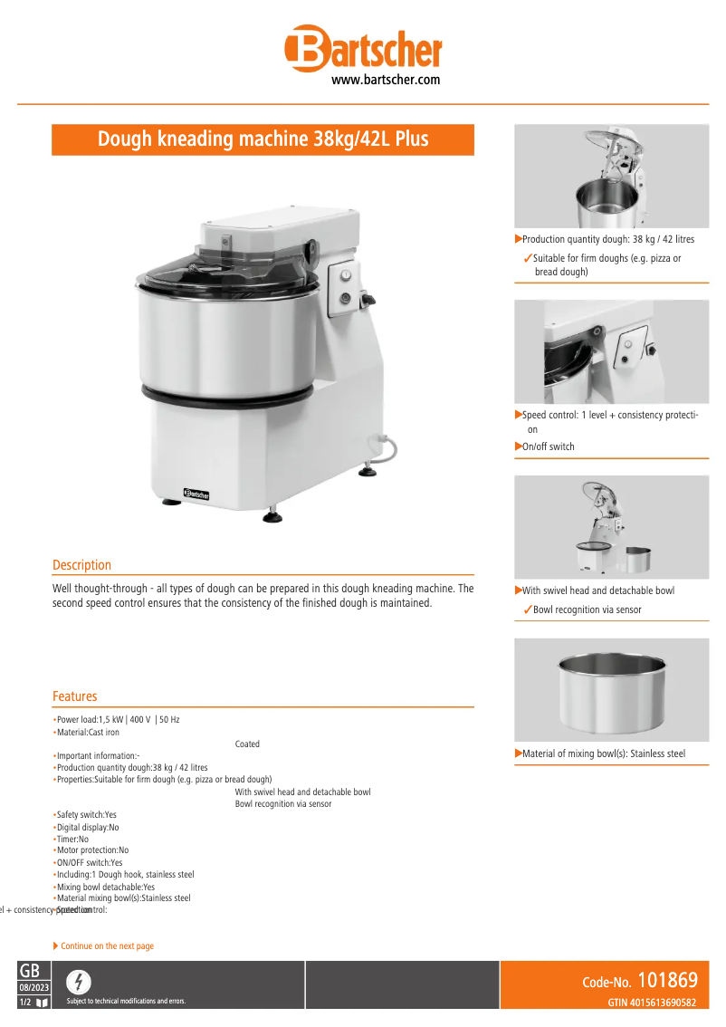 Page n°1 - Fiche technique Bartscher 101869