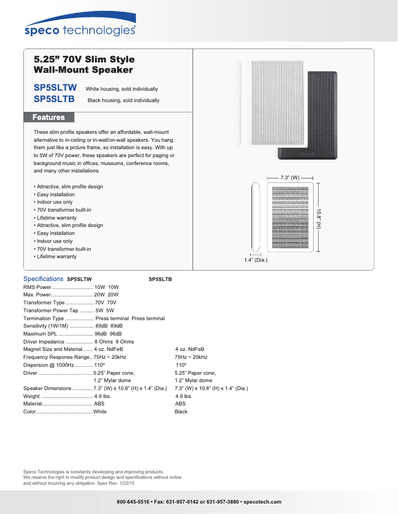 Page n°1 - Fiche technique Speco Technologies SP5SLTW