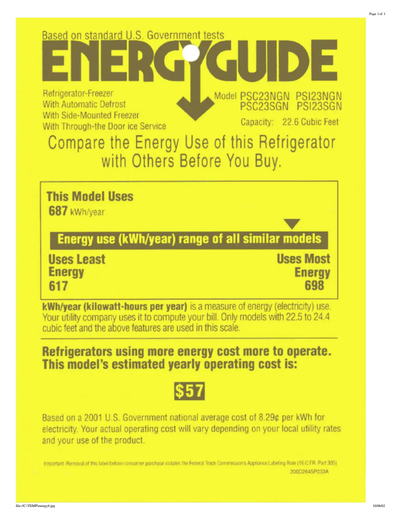 Page n°1 - Label énergétique GE PSI23NGNBB