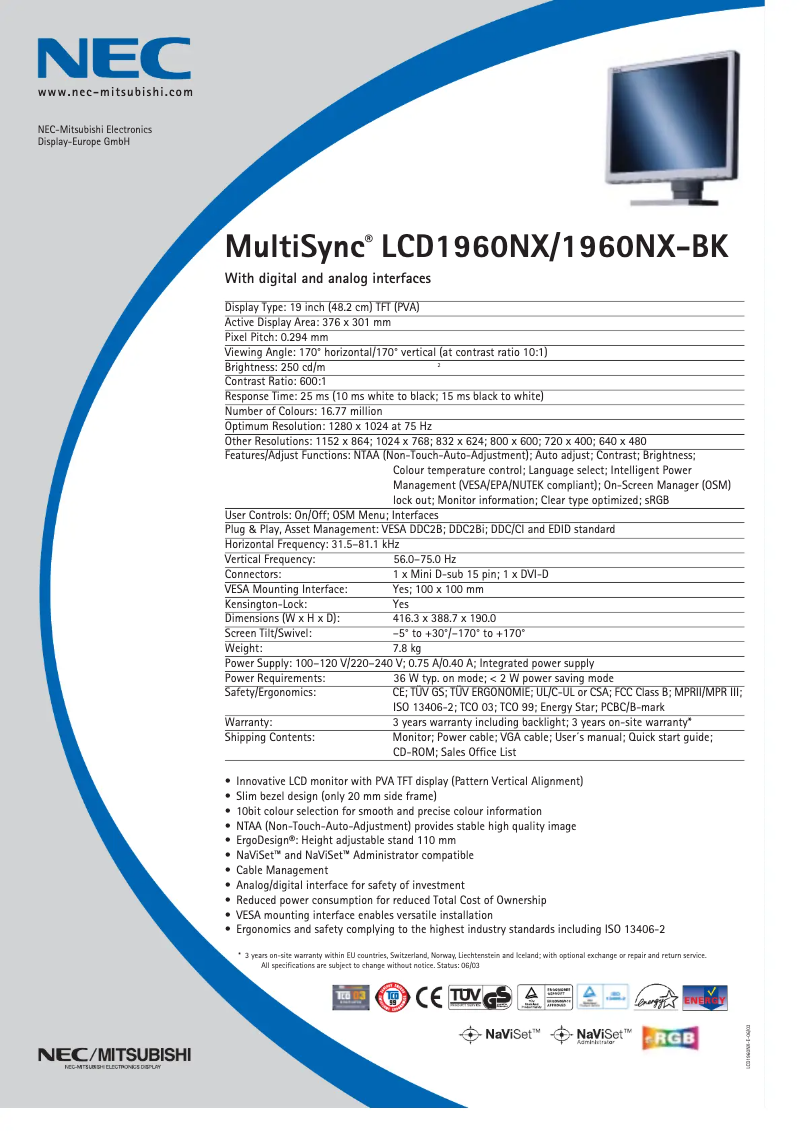Página 1 del manual Ficha técnica NEC MultiSync LCD1960NX