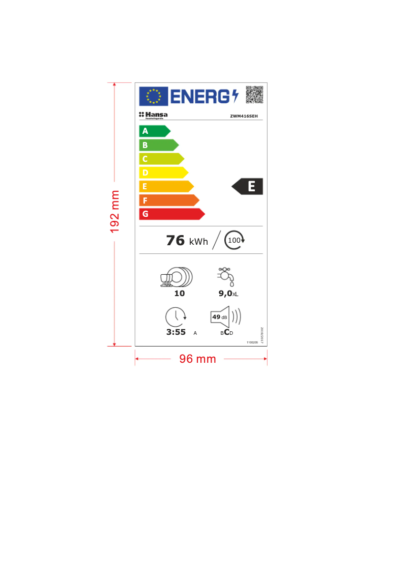 Page 1 of the manual Energy Label Hansa ZWM 416 SEH