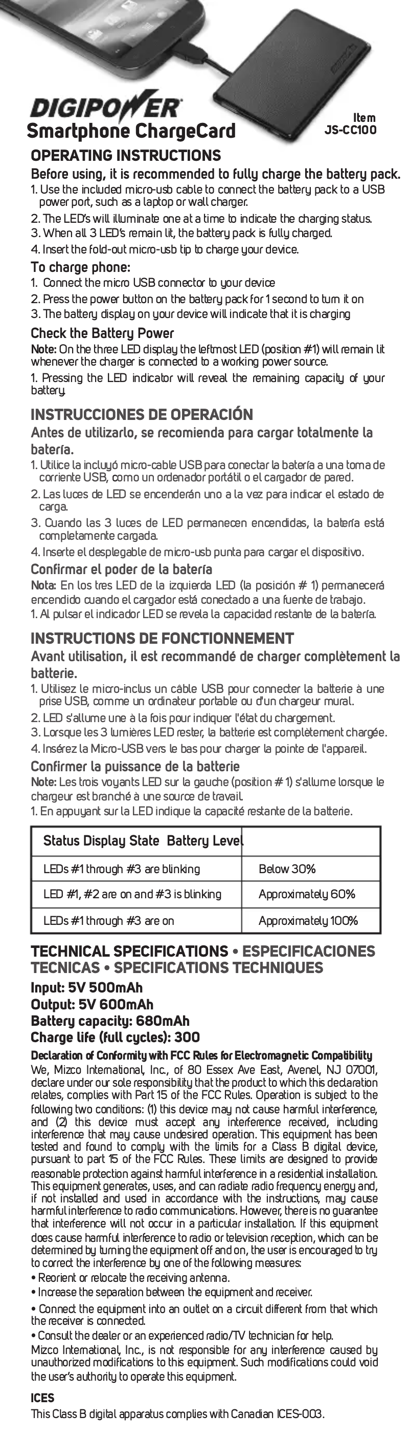 Page 1 de la notice Manuel utilisateur Digipower JS-CC100