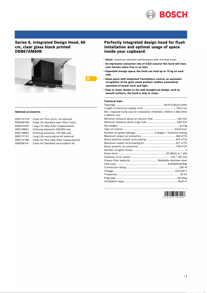 Page 1 de la notice Fiche technique Bosch DBB67AM60B