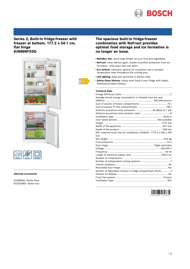 Page n°1 - Fiche technique Bosch KIN86NFE0G