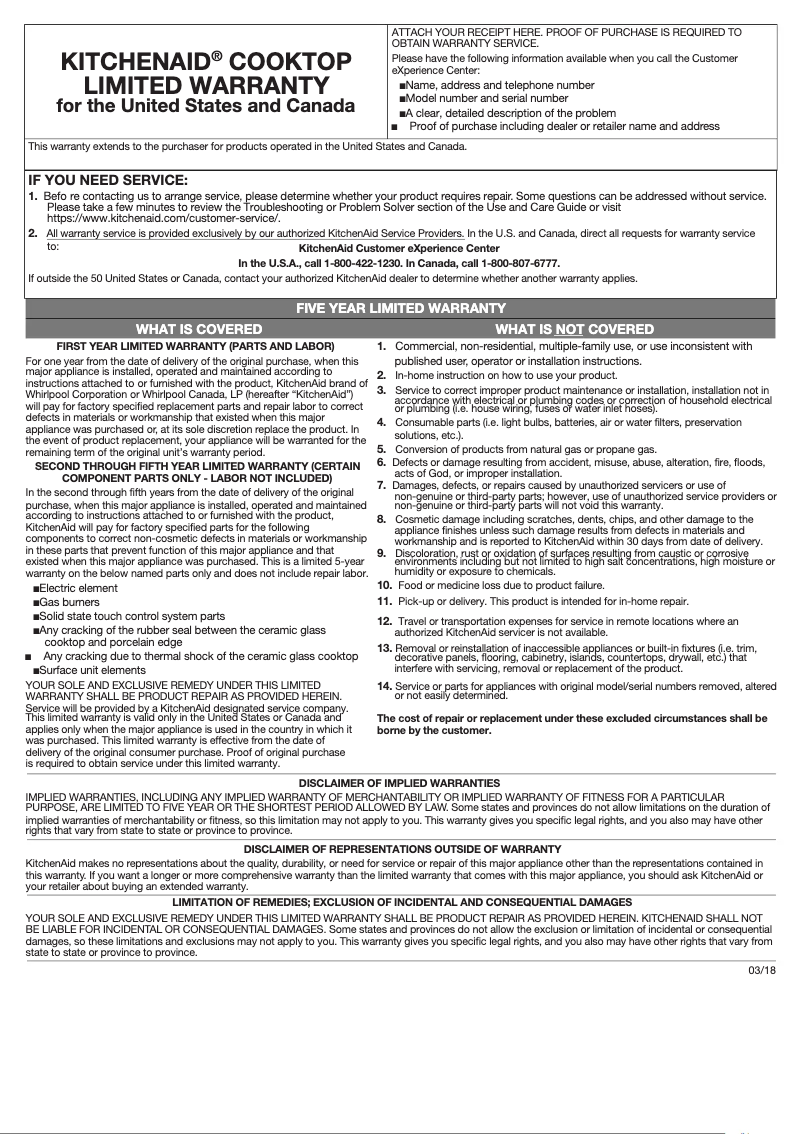 Page 1 de la notice Informations de garantie KitchenAid KCES550HSS