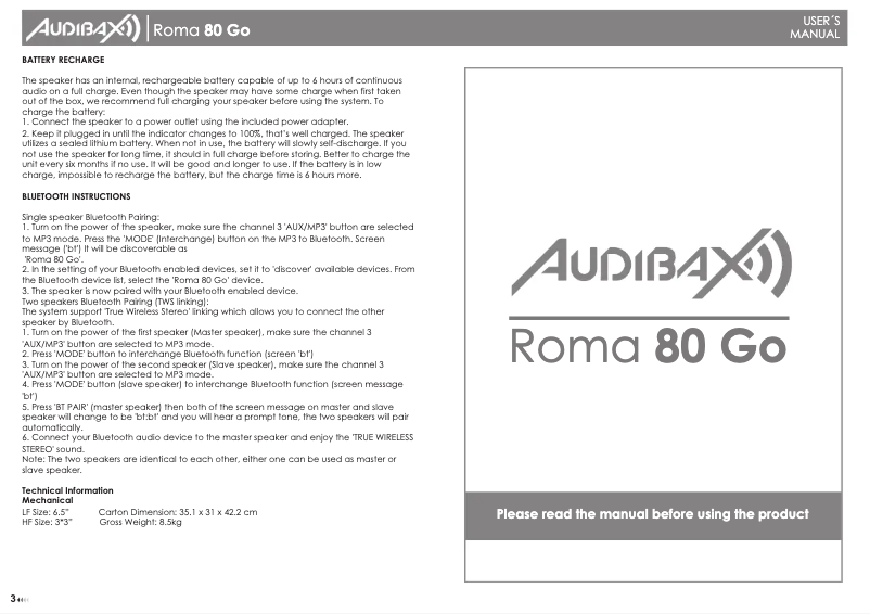 Imagen de la primera página del manual del dispositivo Roma 80 Go