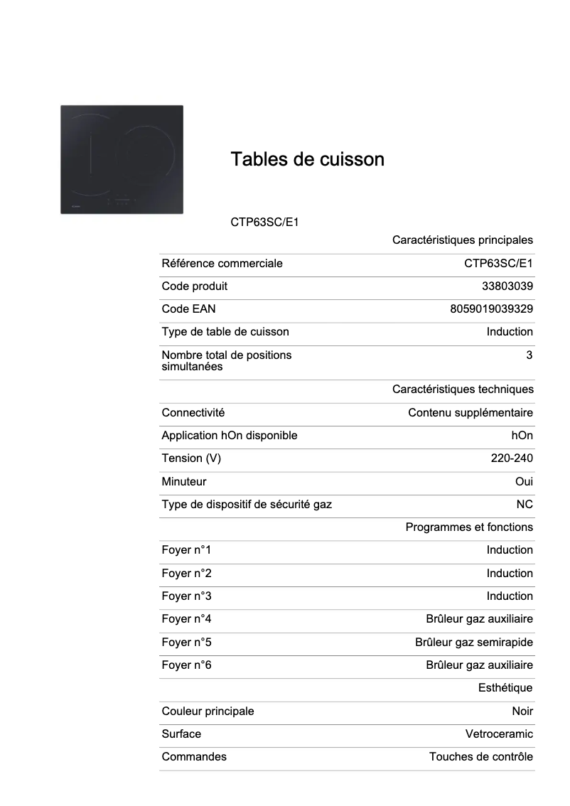 Page 1 de la notice Fiche technique Candy CTP63SC/E1