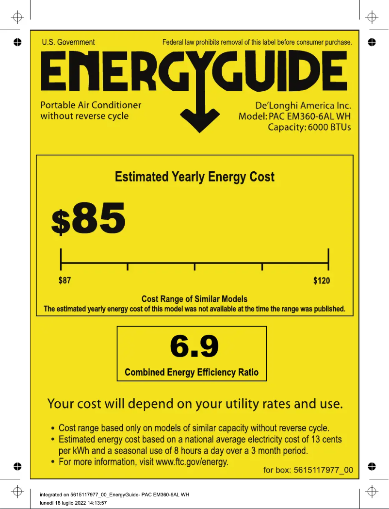 Page 1 de la notice Label énergétique DeLonghi Pinguino Compact PACEM360-6ALWH