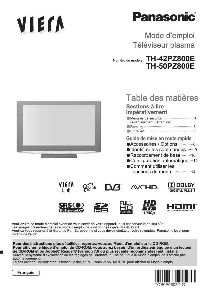 Page 1 de la notice Manuel utilisateur Panasonic Viera TH-50PZ800E