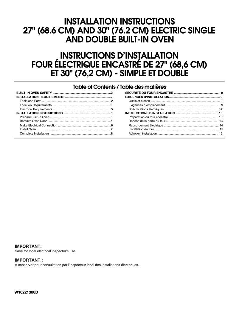 Page n°1 - Guide d'installation JennAir JJW2330WS