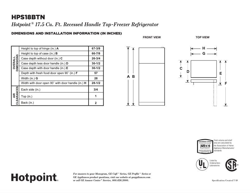 Page 1 de la notice Fiche technique Hotpoint HPS18BGNRSH