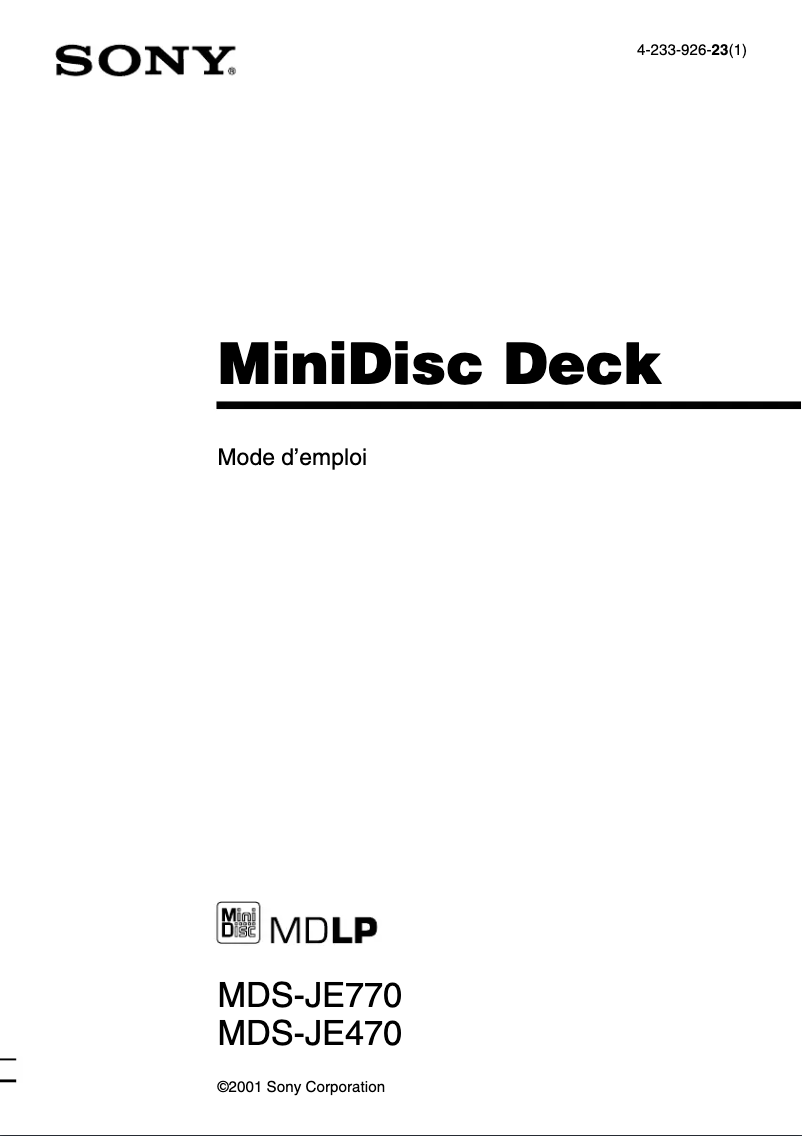 Page 1 de la notice Manuel utilisateur Sony MDS-JE770