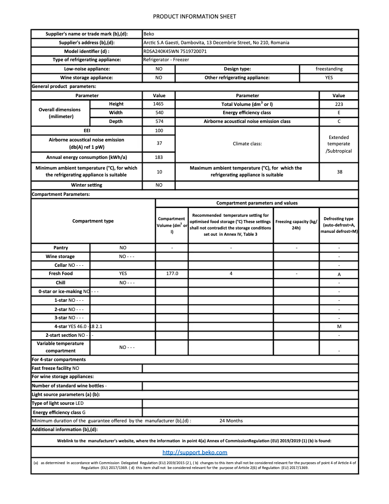 Page 1 de la notice Fiche technique Beko RDSA240K45W2
