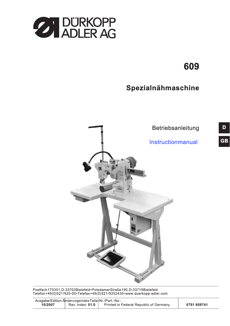 Page n°1 - Guide d'installation Dürkopp Adler 609