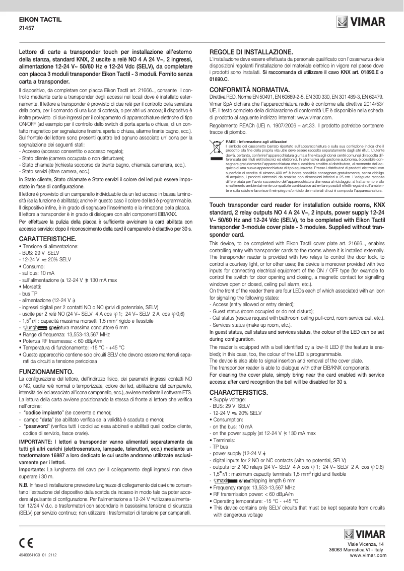 Page 1 de la notice Instructions / montage Vimar 21457