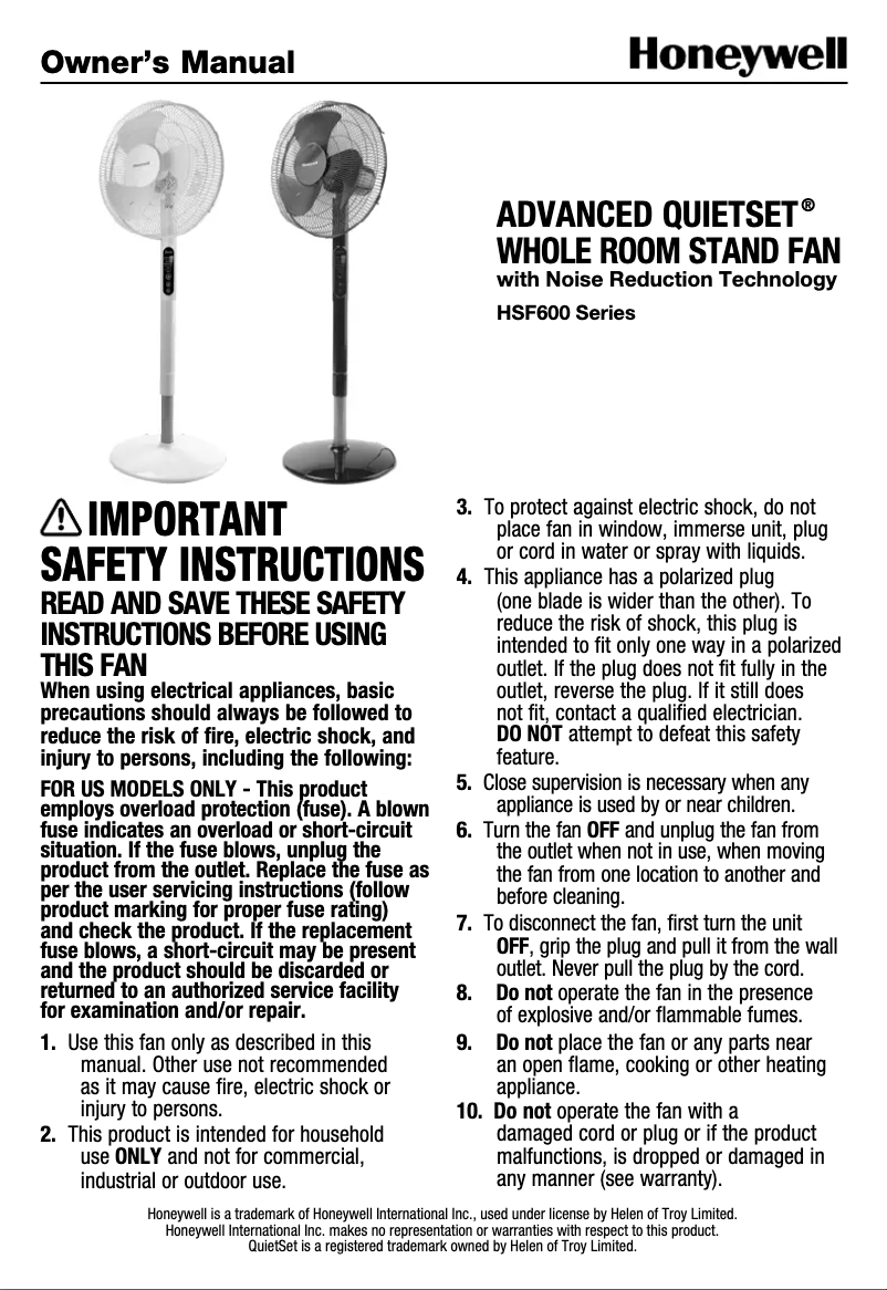 Page 1 de la notice Manuel utilisateur Honeywell HSF600W