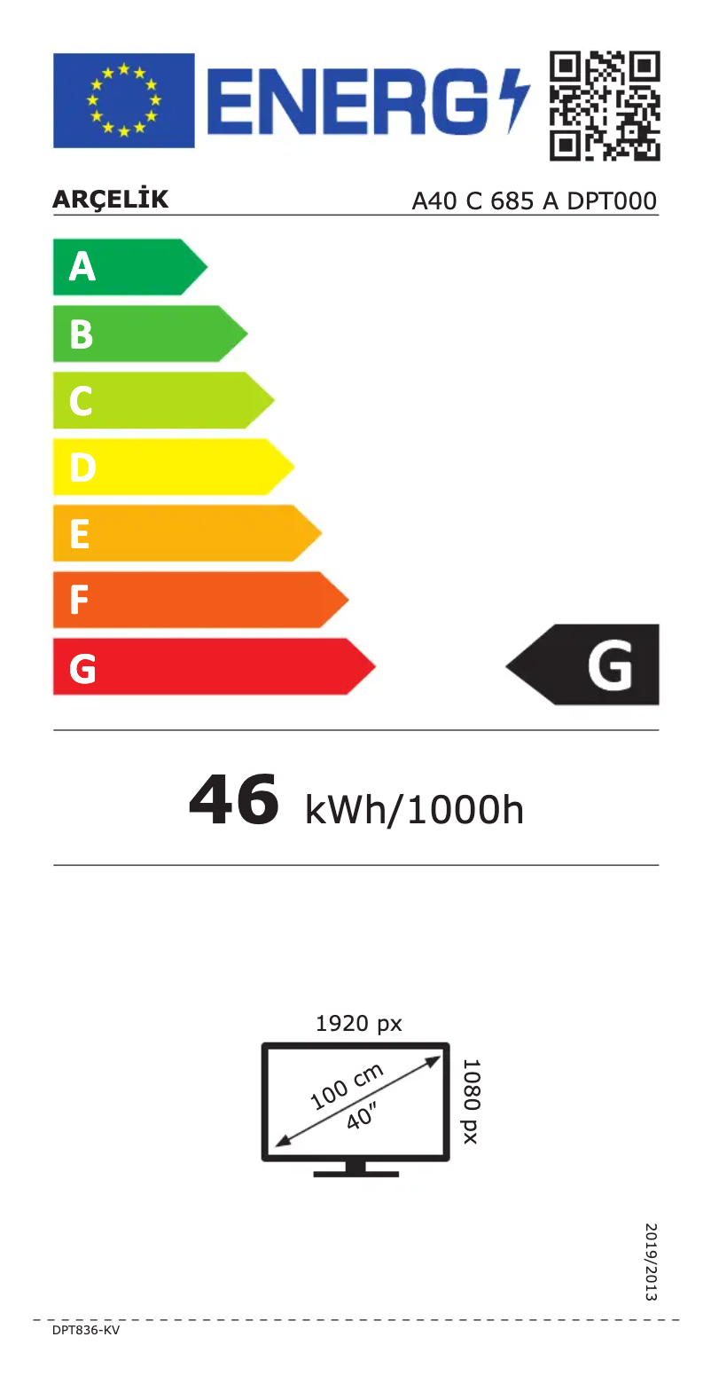 Page 1 de la notice Label énergétique Arçelik A40 C 685 A