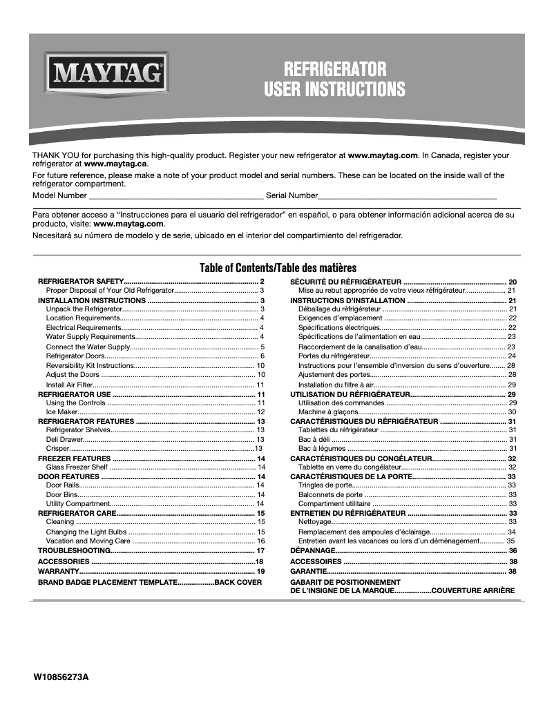 Page n°1 - Manuel d'utilisation et d'entretien Maytag MRT311FFFZ