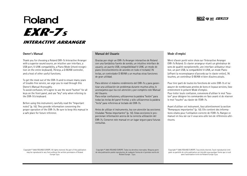 Page 1 de la notice Manuel utilisateur Roland EXR-7s