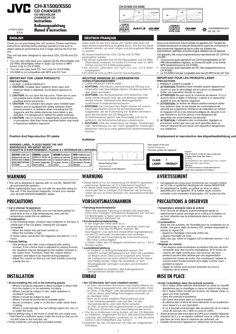 Page 1 de la notice Manuel utilisateur JVC CH-X550