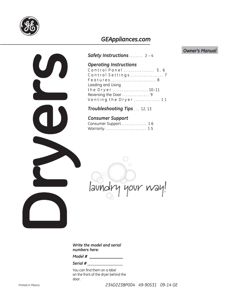 Page n°1 - Manuel d'utilisation et d'entretien GE GTX18GSSJWW