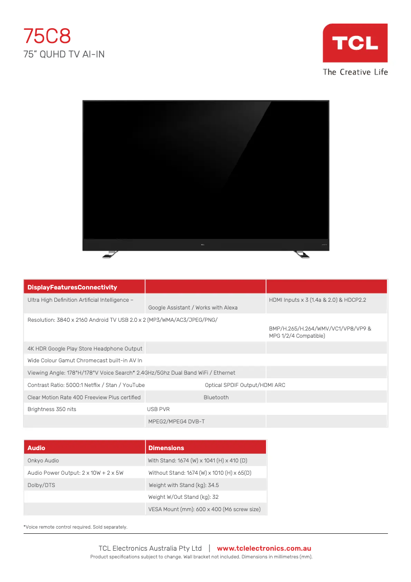 Page 1 de la notice Fiche technique TCL 75C8