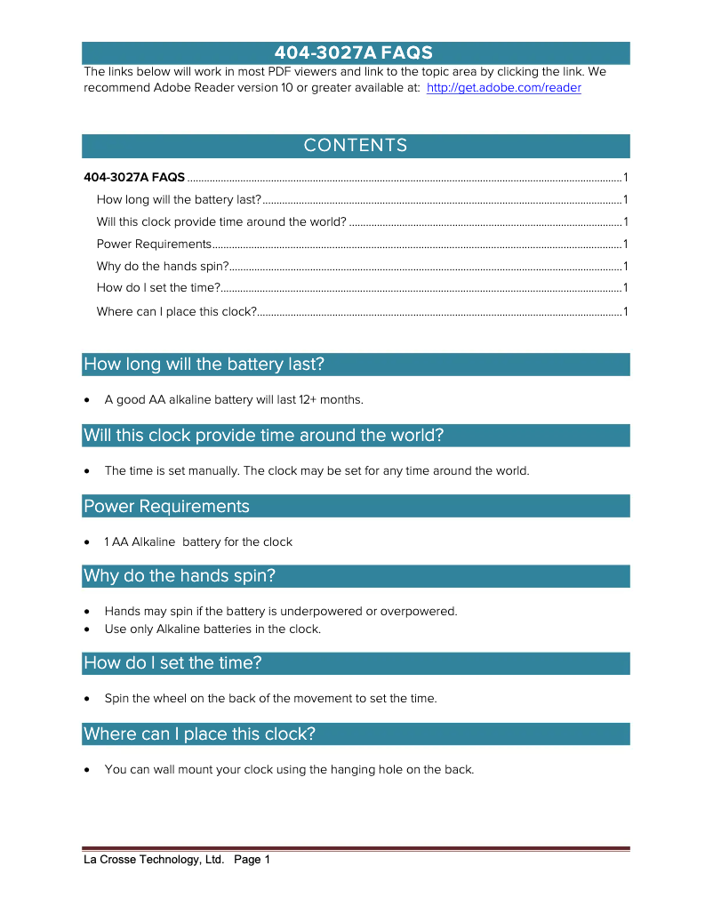 Page 1 de la notice FAQ La Crosse Technology 404-3027A