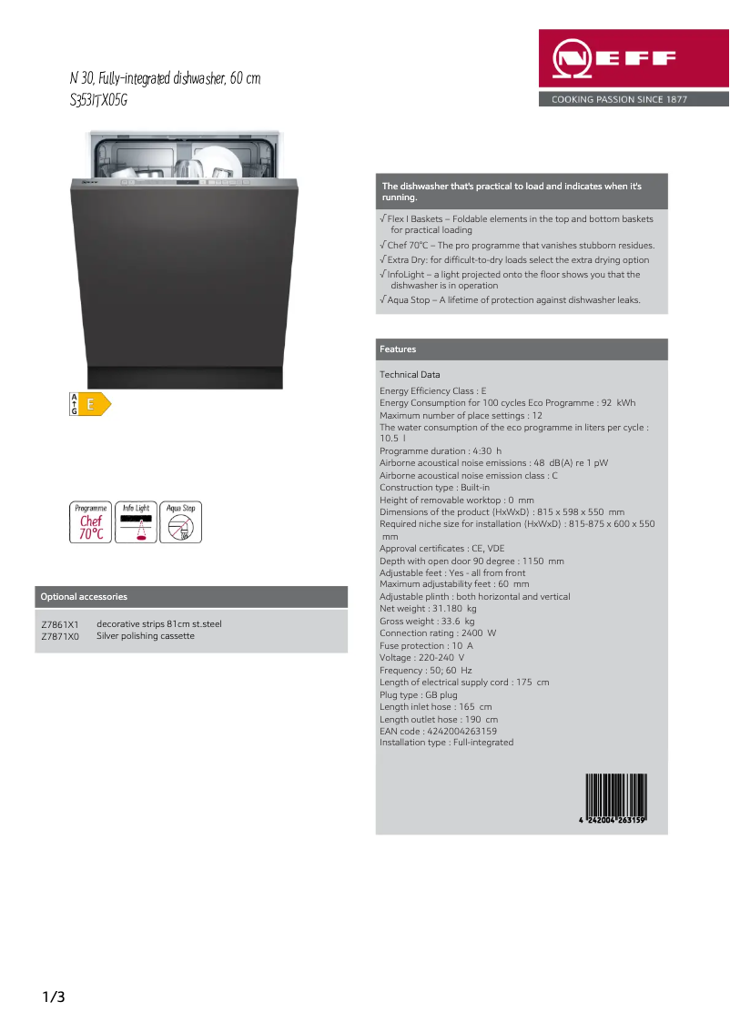 Page n°1 - Fiche technique Neff S353ITX05G