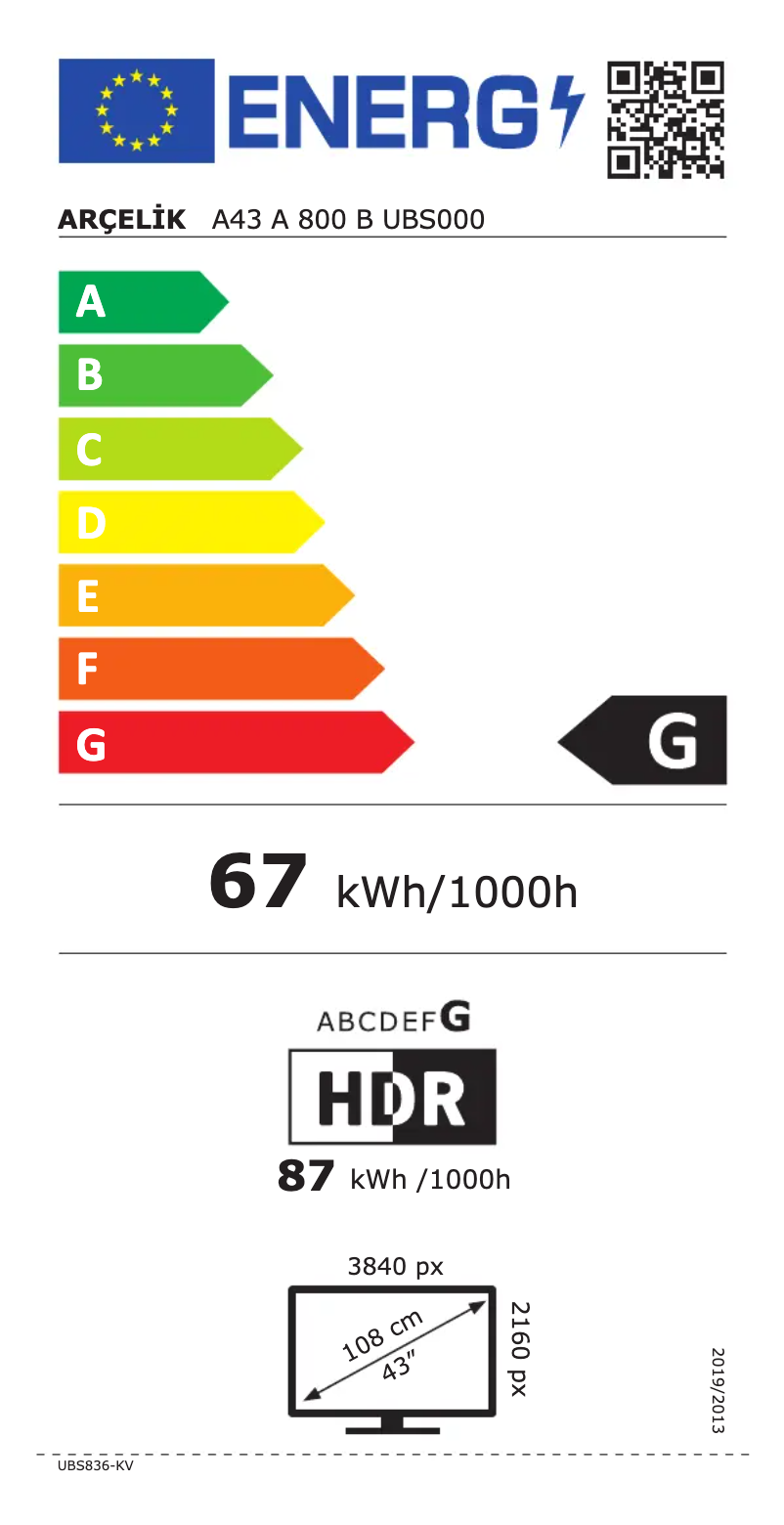 Page n°1 - Label énergétique Arçelik A43 A 800 B