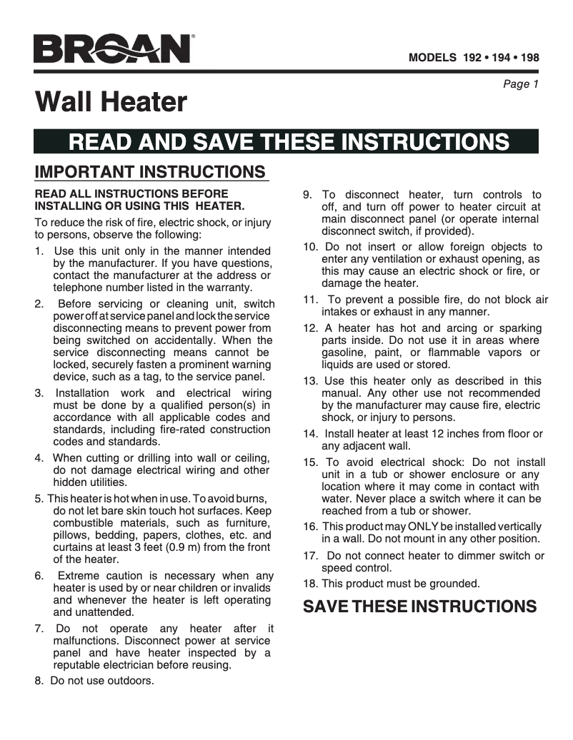 Page 1 de la notice Guide d'installation Broan 192